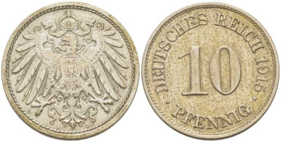 ГЕРМАНИЯ 10 ПФЕННИГОВ 1915 A KM 12, J. 13, Weege 8 медно-никель 212-323