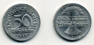 ГЕРМАНИЯ 50 ПФЕННИГОВ 1920 D KM 27, J. 301 алюминий 41-821