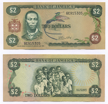 ЯМАЙКА 2 ДОЛЛАРА 1970 ПОЛЬ БОГЛЕ, ПОДПИСЬ 4 Pick 55а бумага 6278-37-2-2