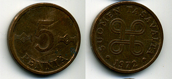 ФИНЛЯНДИЯ 5 ПЕННИ 1972 KM 45 медь 61-1216
