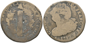 ФРАНЦИЯ 2 СОЛЯ 1792 W, ЛЮДОВИК XVI (1774-1793) KM 603.16 (C89.17) бронза 51-1324