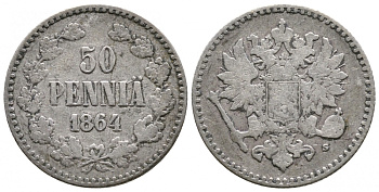 Россия для Финляндии 50 пенни 1864 S, Александр II (1855-1881), тираж 104000 экз Биткин 632 серебро 443-715