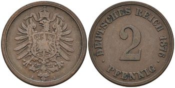 Германия 2 пфеннига 1876 A, старогербовка KM 2, J. 2 медь 4575-657