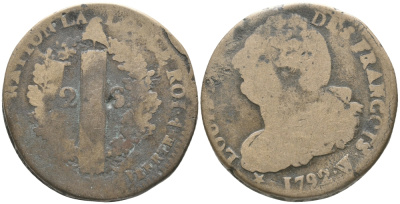 ФРАНЦИЯ 2 СОЛЯ 1792 W, ЛЮДОВИК XVI (1774-1793) KM 603.16 (C89.17) бронза 51-1324