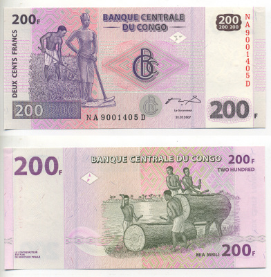 КОНГО 200 ФРАНКОВ 2007 Pick 95 бумага UNC (ПРЕСС) 6283-36-1-1