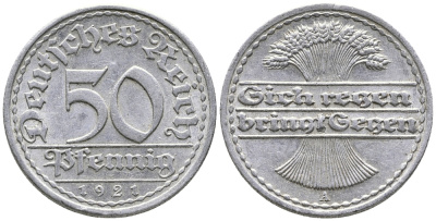 ГЕРМАНИЯ 50 ПФЕННИГОВ 1921 A KM 27, J. 301 алюминий 24-1027