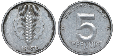 ГДР 5 ПФЕННИГОВ 1950 А алюминий 62-1143