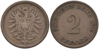 Германия 2 пфеннига 1876 A, старогербовка KM 2, J. 2 медь 4575-657