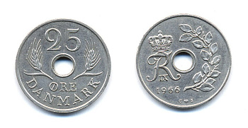 ДАНИЯ 25 ЭРЕ 1966 С; S, ФРЕДЕРИК IX (1947-1972) KM 855.1 медно-никель 51-4432