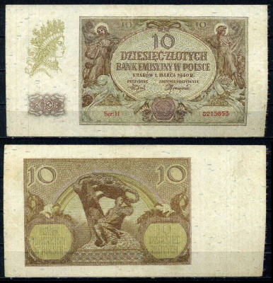 Польша 10 злотых 1940 Pick 94 (2) бумага 7552-8-2-2