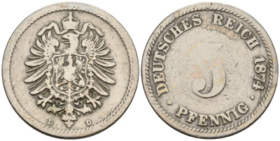 Германия 5 пфеннигов 1874 D, старогербовка KM 3, J. 3 медно-никель    4152-1245