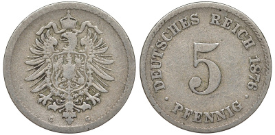 Германия 5 пфеннигов 1876 C, старогербовка KM 3, J. 3 медно-никель 51-3231