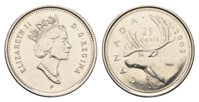 Канада 25 центов 2003 Елизавета II (1952-2022), олень KM 184b сталь плакированная никелем UNC 113-1037