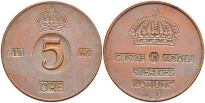 Швеция 5 эре 1966 Густав VI Адольф (1950-1973) KM 822 бронза 4111-136