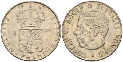 Швеция 1 крона 1967 U, Густав VI Адольф (1950-1973) KM 826 серебро 4150-231