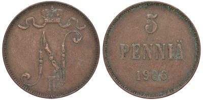 Россия для Финляндии 5 пенни 1906 Биткин 447 медь 53-841