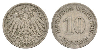 Германия 10 пфеннигов 1900 E, Вильгельм II (1888-1918) KM 12, J. 13 медно-никель 4640-246
