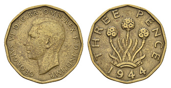 Великобритания 3 пенса 1944 Георг VI (1936-1952) KM 849, Spink 4112 никель латунь 4116-652