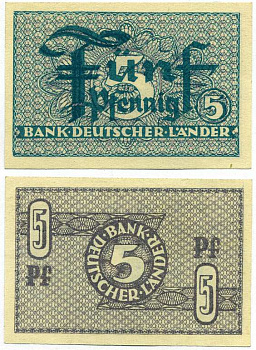 ФРГ 5 ПФЕННИГОВ 1948 BANK DEUTSCHER LANDER Pick 11a, Rosenberg 250а бумага UNC (ПРЕСС) 8613-14-2-1