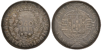 Бразилия 960 рейс 1818 R,  Жуан IV Португальский (1818-1822), красивая золотистая патина KM 326.1 серебро 00-00