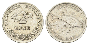 Хорватия 2 куны 1996 тунец, четный год KM 21 медь цинк никель    4660-412