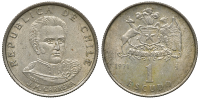 Чили 1 эскудо 1971 Хосе Мигель Каррера KM 197 медно-никель 4118-244
