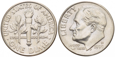 США 10 ЦЕНТОВ = 1 ДАЙМ 1999 D, РУЗВЕЛЬТ KM 195а медь плакированная медно-никелем 4547-953