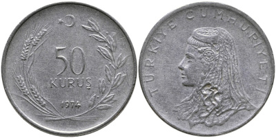 Турция 50 курушей 1974 Анатолийская невеста KM 899 нержавеющая сталь 4541-915