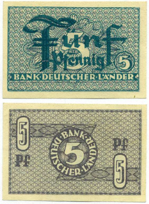 ФРГ 5 ПФЕННИГОВ 1948 BANK DEUTSCHER LANDER Pick 11a, Rosenberg 250а бумага UNC (ПРЕСС) 8613-14-2-1