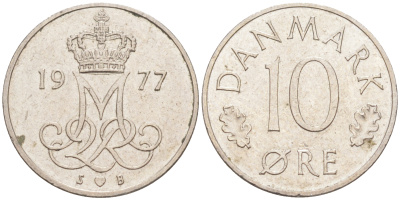 ДАНИЯ 10 ЭРЕ 1977 S; B, МАРГРЕТЕ II (1972-) KM 860.1 медно-никель 105-949