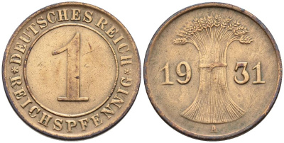 Германия 1 рейхспфенниг 1931 A KM 37, J. 313, Weege 2 бронза 4547-155