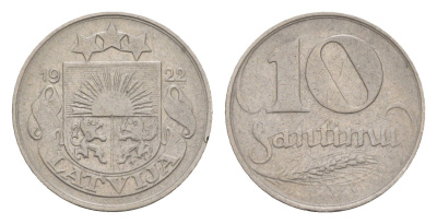 Латвия 10 сантимов 1922 год-тип KM 4 никель 4658-1228