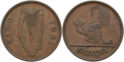 Ирландия 1 пенни 1941 курица с цыплятами KM 11 бронза 4144-1135