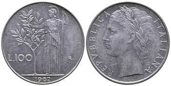 ИТАЛИЯ 100 ЛИР 1962 R, АФИНА KM 96.1 сталь 93-542