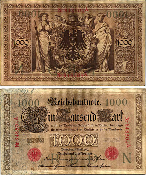 ГЕРМАНИЯ 1000 МАРОК 1910 21 АПРЕЛЯ 1910, ШЕСТИЗНАЧНЫЙ НОМЕР, СЕРИЯ А Pick 44а бумага 8610-2-1