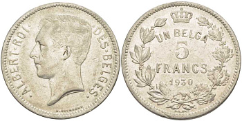 БЕЛЬГИЯ 5 ФРАНКОВ 1930 АЛЬБЕРТ I, DES BELGES KM 97.1 никель 3851-112