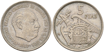 Испания 5 песет 1957 (58) Франсиско Франко (1939 - 1975) KM 786 медно-никель 4155-523