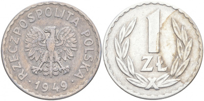 ПОЛЬША 1 ЗЛОТЫЙ 1949 KM 45а алюминий 68-413