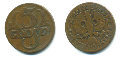 ПОЛЬША 5 ГРОШЕЙ 1925 w KM 10а бронза 4383-158