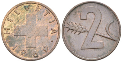 Швейцария 2 раппена 1969 В KM 47 бронза 4576-919