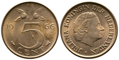 НИДЕРЛАНДЫ 5 ЦЕНТОВ 1966 ЮЛИАНА KM 181 бронза 3334-437