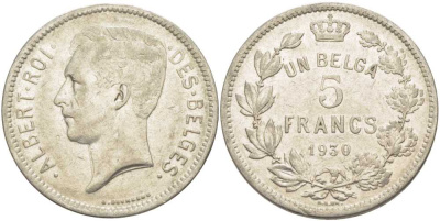 БЕЛЬГИЯ 5 ФРАНКОВ 1930 АЛЬБЕРТ I, DES BELGES KM 97.1 никель 3851-112