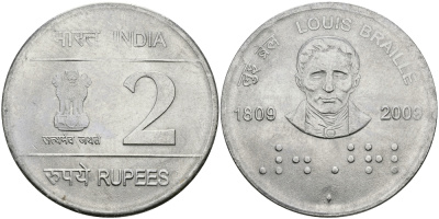 Индия 2 рупии 2009 200 лет Луи Брайлю KM NEW медно-никель UNC 95-154