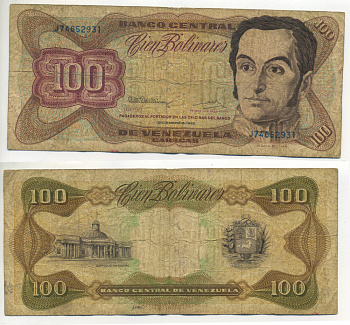 ВЕНЕСУЭЛА 100 БОЛИВАРОВ 1992 СЕРИЯ J, 8 ДЕКАБРЯ 1992 Pick 66е бумага 6279-28-1-2
