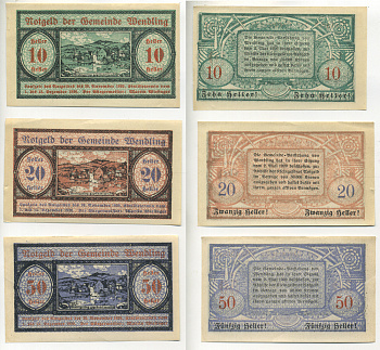 Австрия набор из 3 банкнот 1920 30 ноября 1920-15 декабря 1920, нотгельд, 10, 20, 50 геллеров, WENDLING   бумага  XF 7555-6-2-1