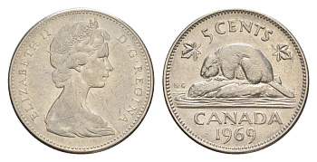 Канада 5 центов 1969 Елизавета II (1952-2022), бобр KM 60.1 никель 4639-453