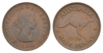 Австралия 1/2 пенни 1954 p, Елизавета II (1952-2022), кенгуру KM 49 бронза 4187-1217