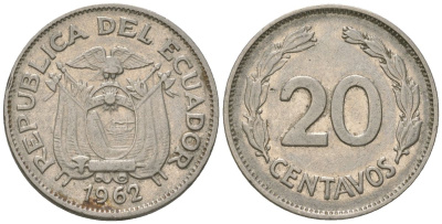 Эквадор 20 сентаво 1962 KM 77.1c сталь плакированная никелем 4611-711