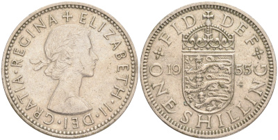 Великобритания 1 шиллинг 1955 Елизавета II (1952-2022), Английский герб KM 904, Spink 4147 медно-никель 4556-623