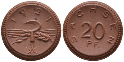 Саксония 20 пфеннигов 1921 колосья и серп J. N 53 фарфор UNC 1094-9-14